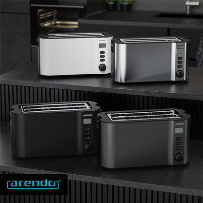 Arendo - Stainless Steel Long Slot 4-Slice Toaster - Double-wall housing - Integrated bun holder - Browning levels 1-6 - Bread centering - automatic shutdown - Display with remaining time display