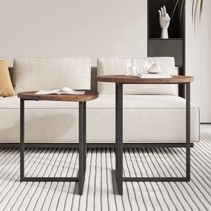 Round coffee table set of 2, side table set, sofa table, coffee table, metal base and heart-shaped wooden tabletop, industrial design, living room table, modern, black + brown.