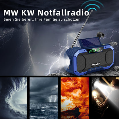 Solar crank radio with Bluetooth speaker, phone charging function, and bike mount. IPX5 waterproof and portable. Emergency AM/FM radio with 5000mAh battery. Perfect for camping and outdoor activities with built-in flashlight and SOS feature.