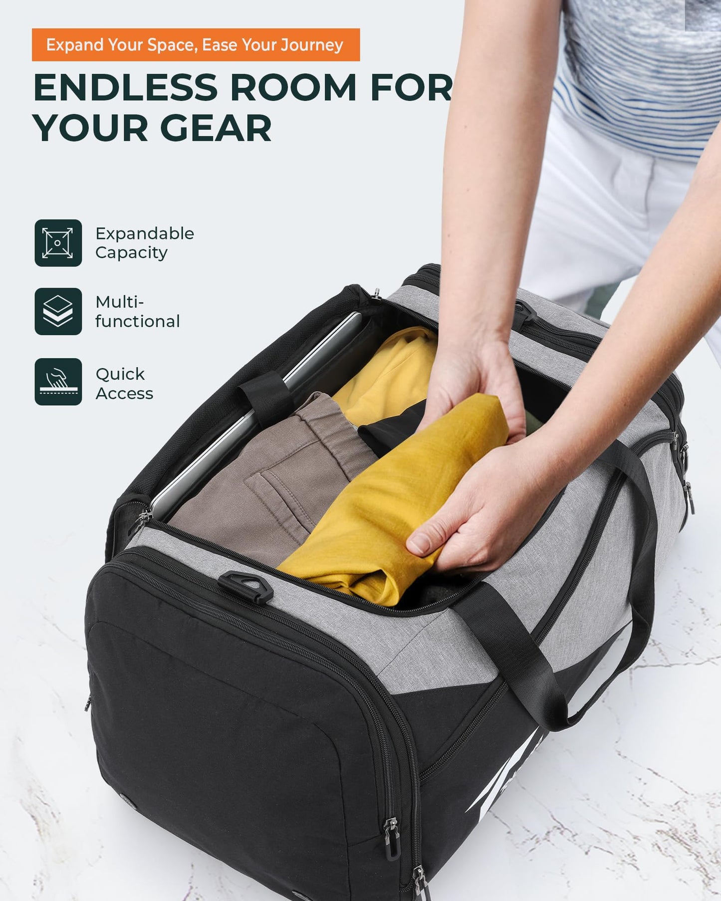 Tolaccea sports bag backpack for men and women, 45-63L expandable sports bags large with shoe compartment wet compartment laptop compartment, travel bag training bag for gym, travel, swimming, sauna, soccer (gray)