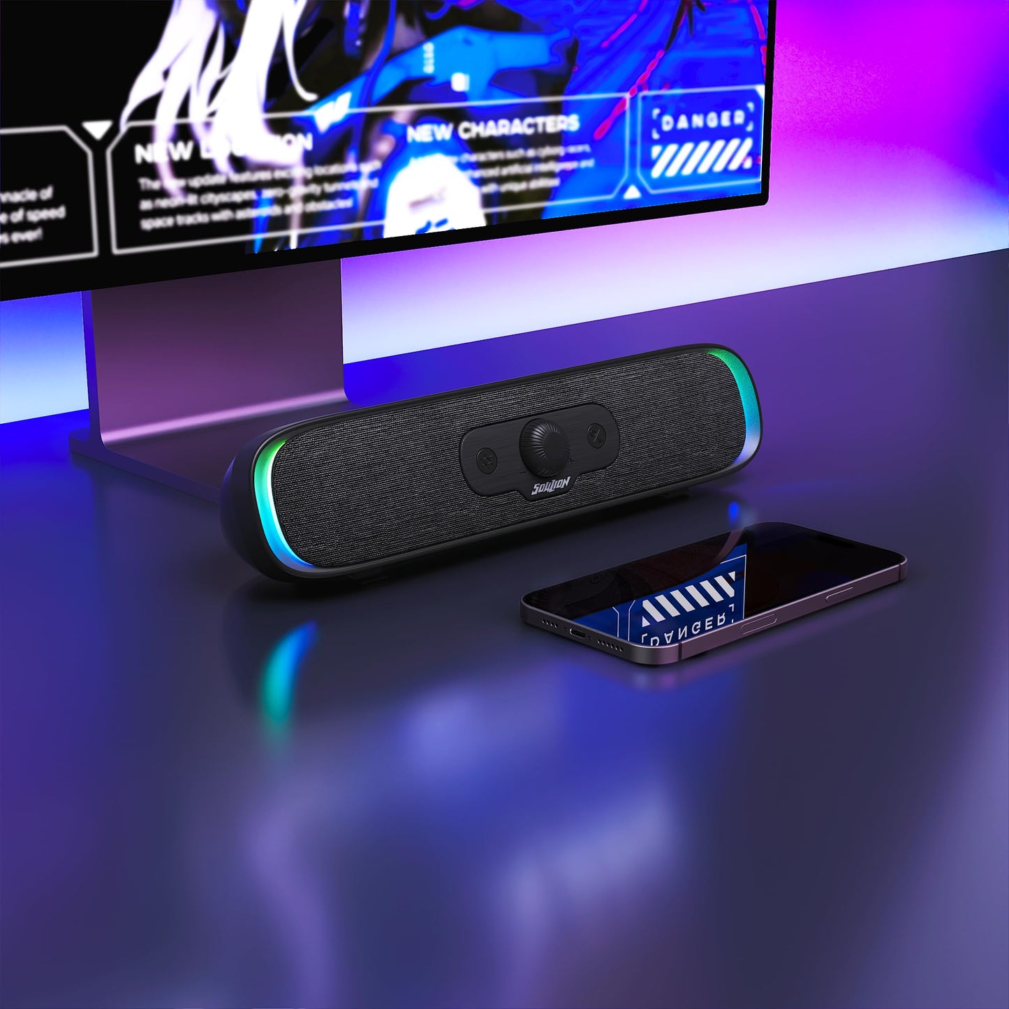 SOULION R200 PC Speakers USB C Bluetooth RGB Soundbar with 3 LED light effects, Compact Computer Bar Speakers for PC, Monitor, Laptop