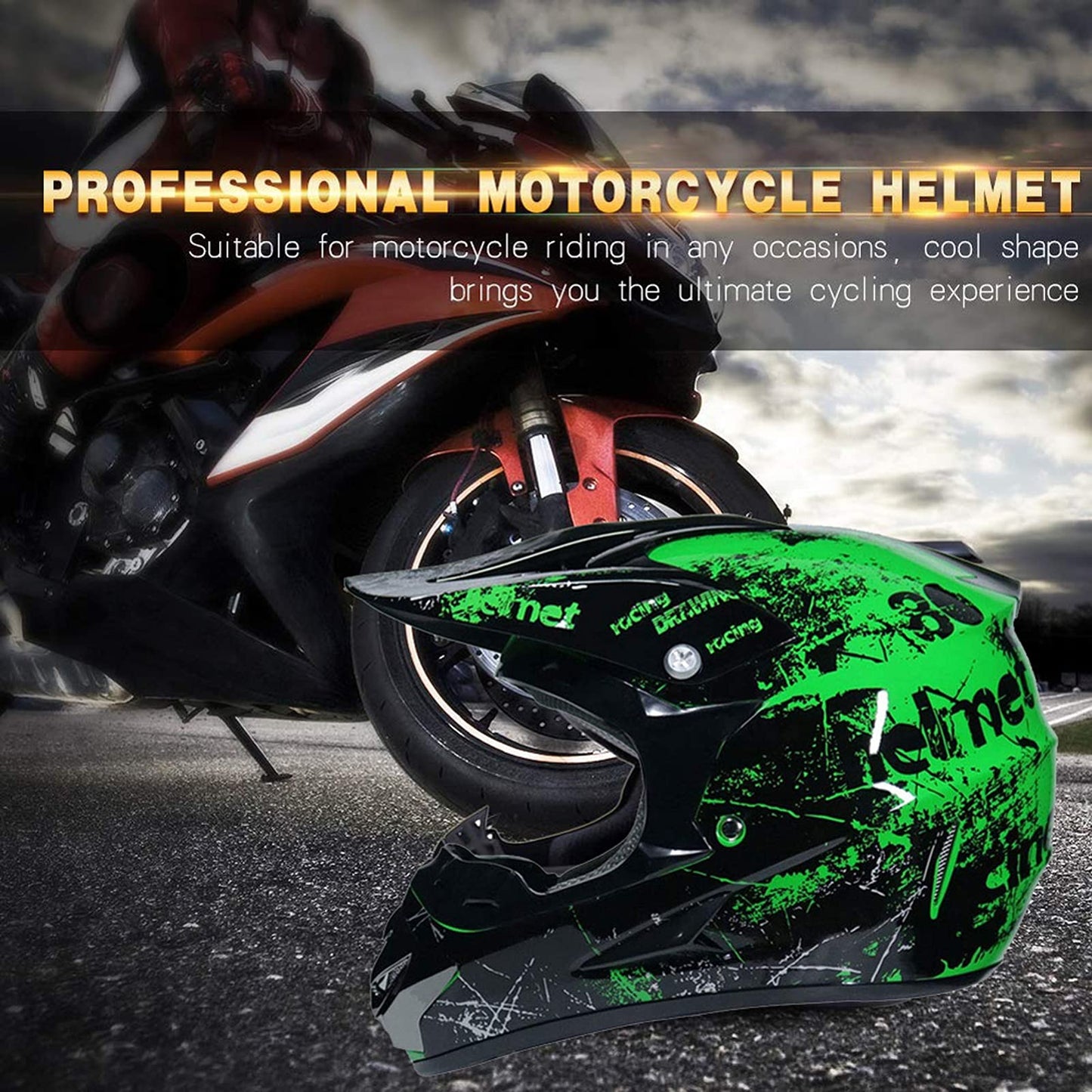UIGJIOG MTB helmet full face for kids, motorcycle helmet green and orange adult motorcycle downhill full face helmet for mountain bike mountain buggy sports protection, green