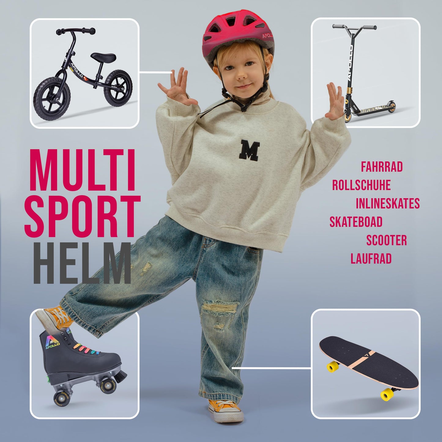 Apollo children's bike helmet, helmet for kids & teens, multi-sport helmet, bike helmet for girls, bike helmet for boys, kids helmet from 3 years, adjustable children's helmet, from size 48, for bike & scooter.