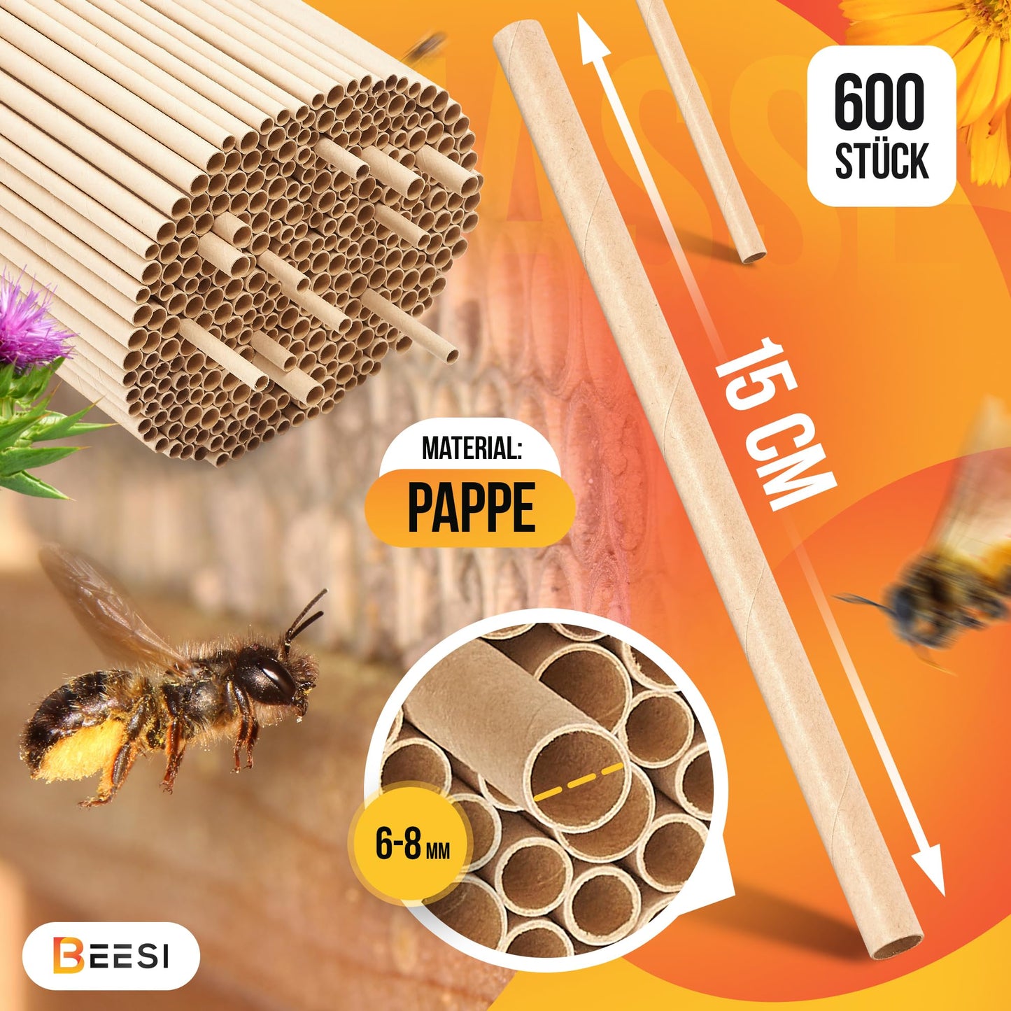 Nesting tubes for insect hotels 15 cm long diameter 6 AND 8 mm mixed incl. E-Book nesting tubes and paper tubes for wild bees (paper tubes, 600)