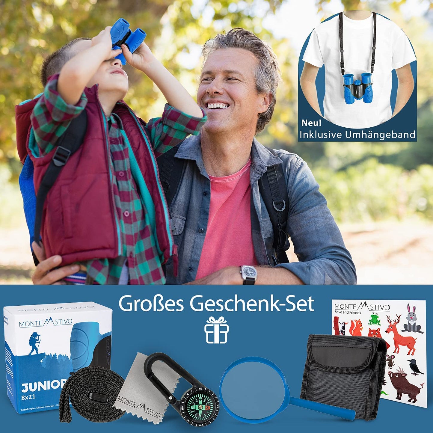 Monte Stivo® Junior | Award-winning binoculars for children 8x21 with magnifying glass & compass | Toy set for boys and girls aged 4 years and up.