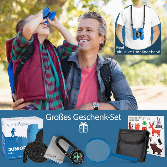 Monte Stivo® Junior | Award-winning binoculars for children 8x21 with magnifying glass & compass | Toy set for boys and girls aged 4 years and up.