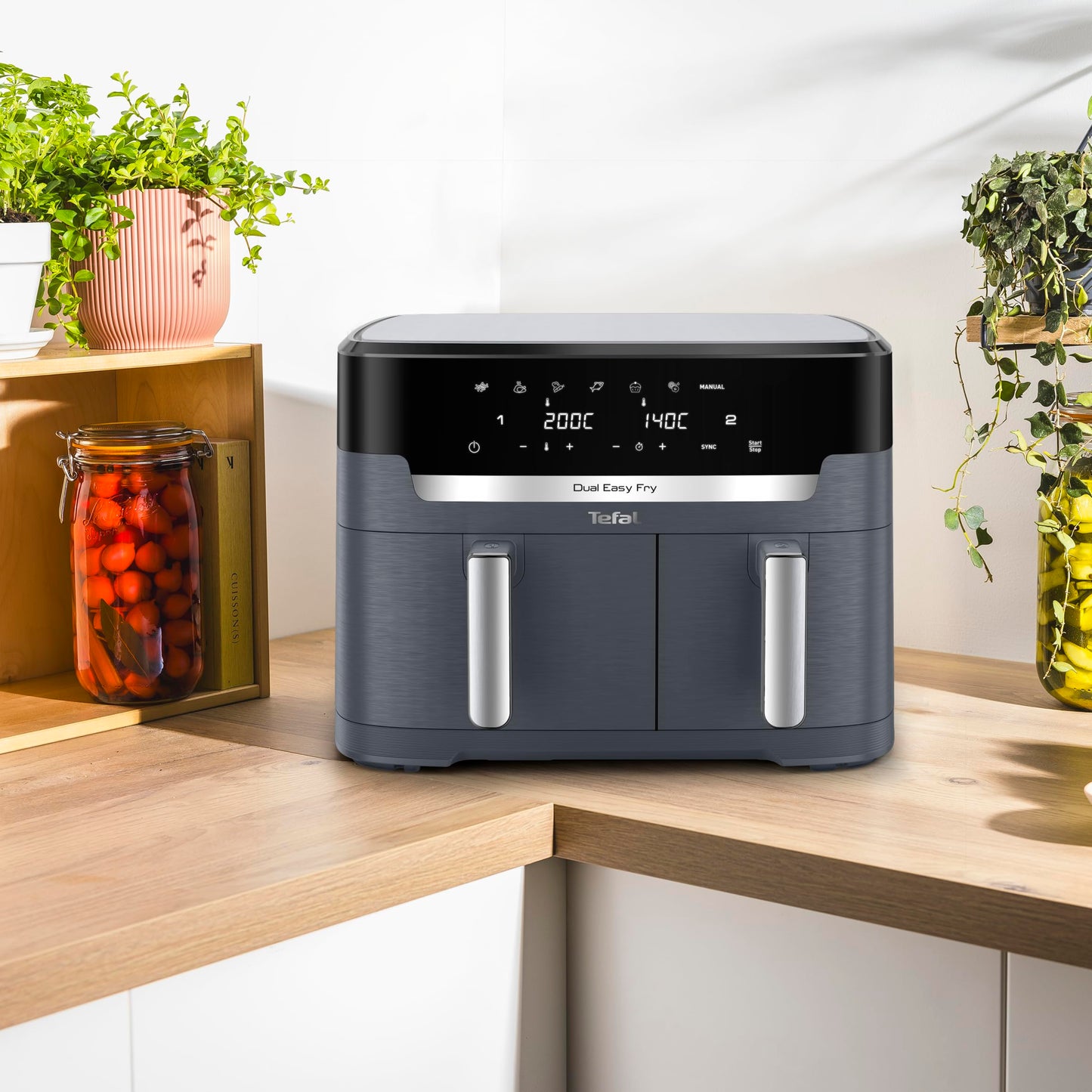 Tefal Dual Easy Fry XXL double-chamber hot air fryer, 11 liter capacity, 6.5L drawer and 4.5L drawer, no additional oil needed, 7 programs, dishwasher safe, grey, EY942BE0