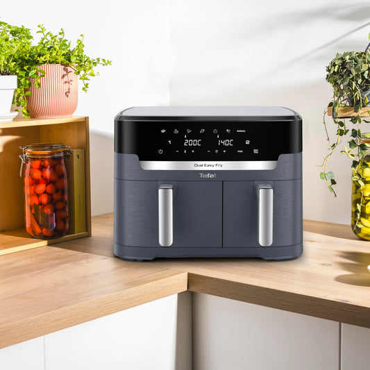 Tefal Dual Easy Fry XXL double-chamber hot air fryer, 11 liter capacity, 6.5L drawer and 4.5L drawer, no additional oil needed, 7 programs, dishwasher safe, grey, EY942BE0