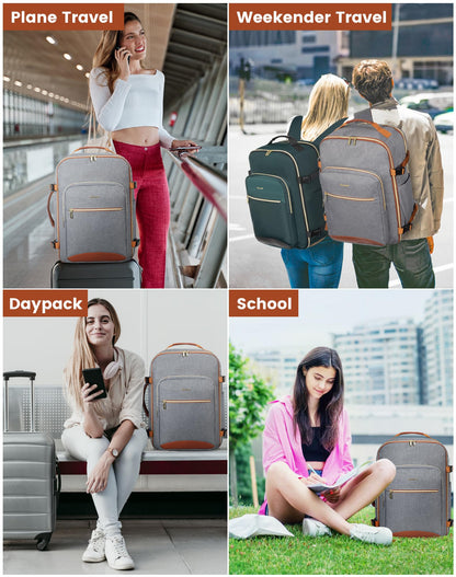 LOVEVOOK carry-on backpack, 40L large travel backpack for women, airplane suitcase travel backpack, waterproof duffel with 17-inch laptop compartment for travel, business trip, weekend hiking, gray.