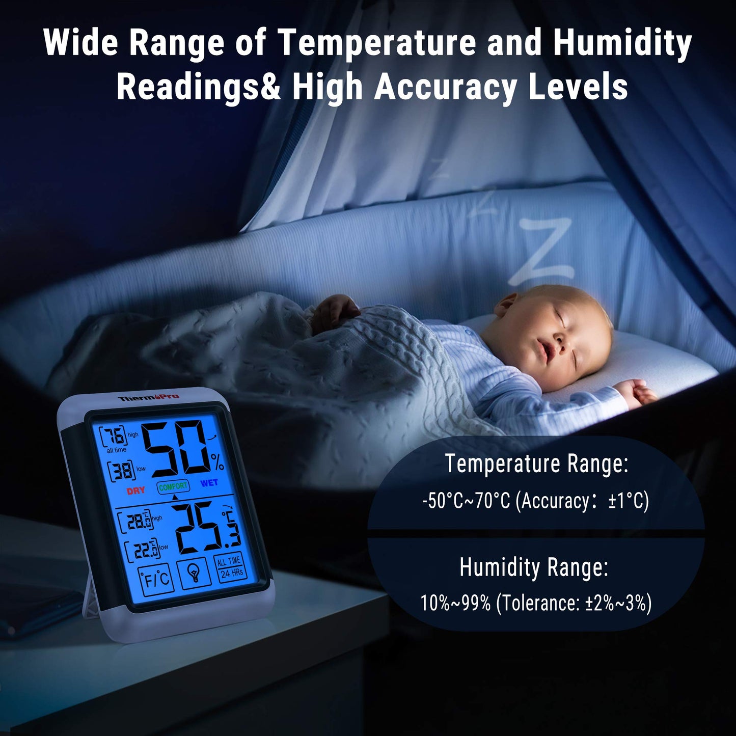 ThermoPro TP55 Digital Thermo-Hygrometer Indoor Thermometer Hygrometer Temperature and Humidity Monitor with Indicator 2 Pack for Room Climate Control.