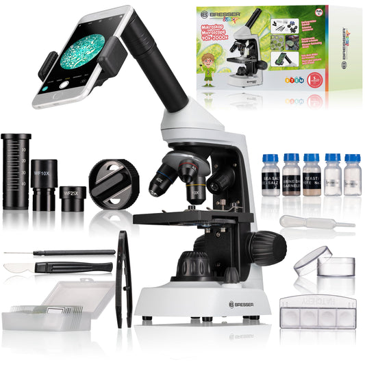 Bresser Junior microscope 40x-2000x with innovative smartphone holder and adjustable incident and transmitted LED lighting.