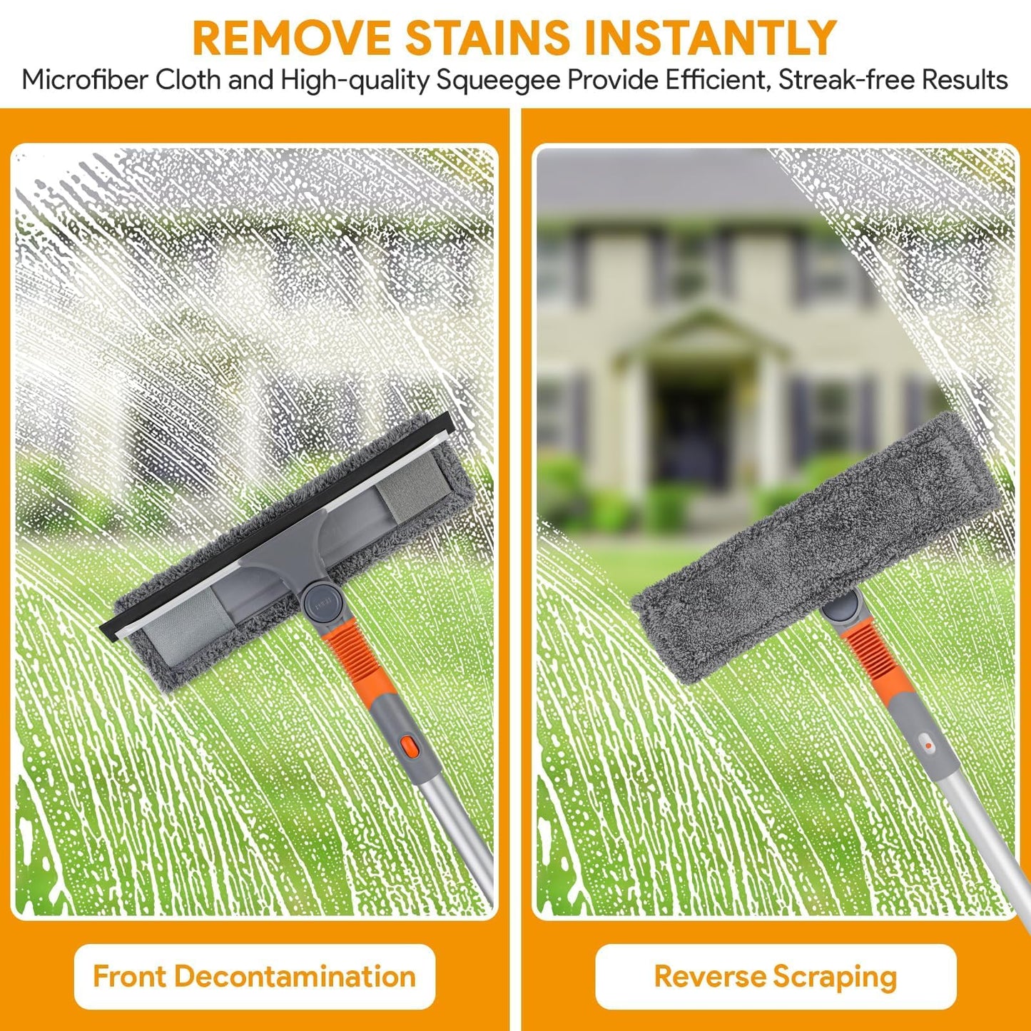 Window squeegee cleaner, 2-in-1 window cleaner cleaning set with extension pole, window washing tool with bendable head, glass cleaning tools for tall windows indoors and outdoors.