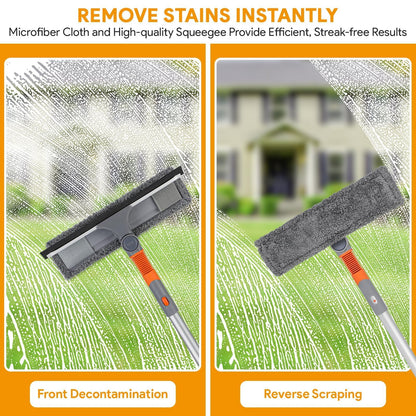 Window squeegee cleaner, 2-in-1 window cleaner cleaning set with extension pole, window washing tool with bendable head, glass cleaning tools for tall windows indoors and outdoors.
