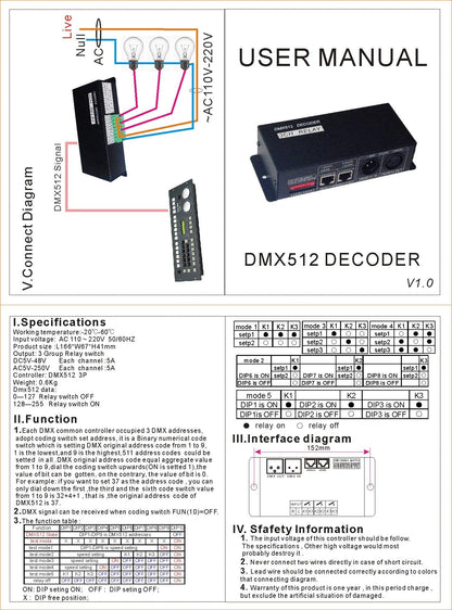 3CH Relay Controller DMX512 Decoder converts DMX512 signal to control AC110/220V Relay Switch.
