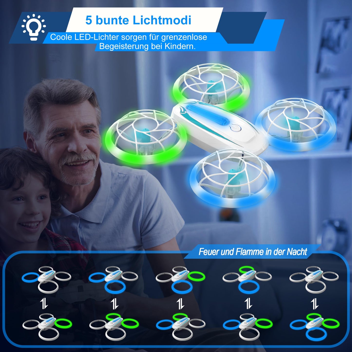 Wipkviey T18 Mini Drone for kids, RC Quadcopter with blue and green lights and 360° flip, RC drones with altitude hold and headless mode for boys girls beginners, 2 batteries.