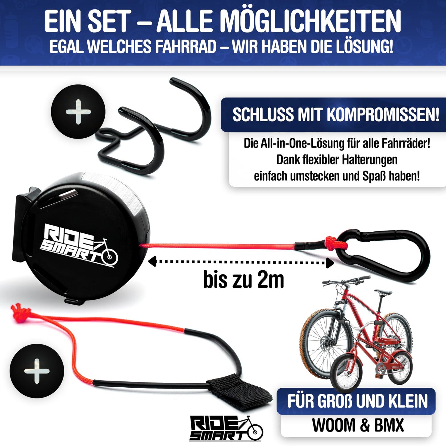 RIDE SMART® Bike Tow Rope for Kids | 3in1 Complete Set, with Reflective Strip, 130kg Tensile Strength - 2m | Bike E-Bike Pull Rope Tow Rope Bike Rope as Assistance for Towing the Child