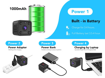 4K mini camera, CUSFLYX Cloud WIFI portable surveillance camera, battery operated, motion detection, IR night vision, nanny pet home office garage, wide angle, easy installation TF card recording.