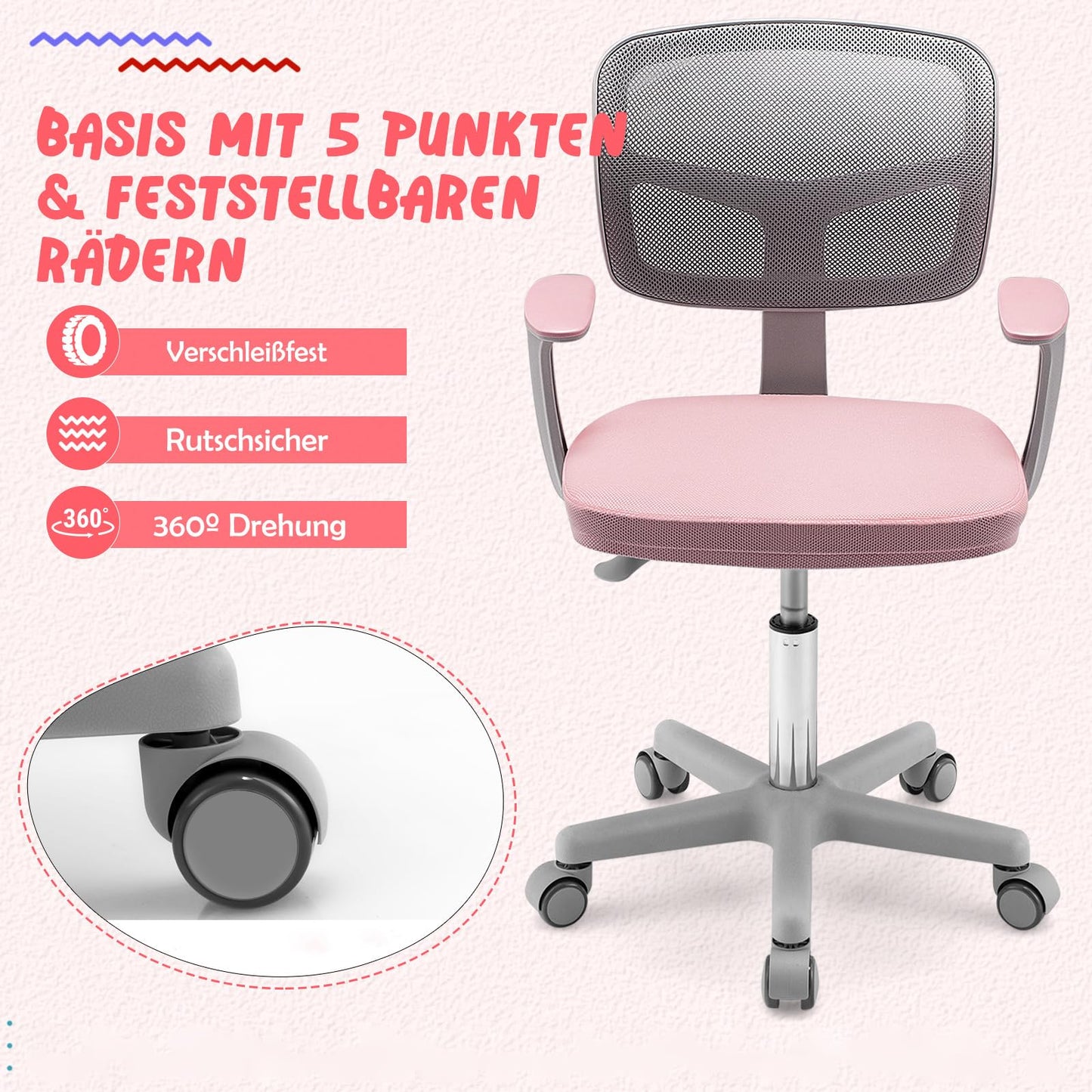 COSTWAY 360° Rotatable Kids Desk Chair, 80-91.5 cm Height Adjustable Youth Chair with Backrest & Armrests, Computer Chair with 5 Wheels for Children aged 3-10 years old (Pink)