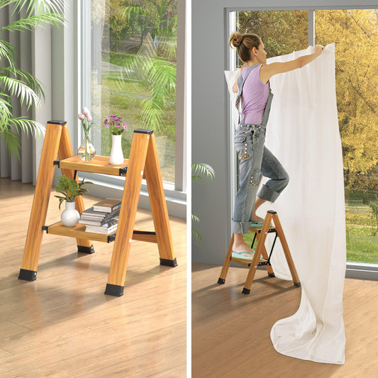 KULACO Folding 2 Step Ladder, Aluminum Foldable Ladder, Portable Step Ladder, Non-Slip Household Ladder, Multifunctional Ladder with Wood Grain Design for Home and Camping, Supports up to 150 kg.