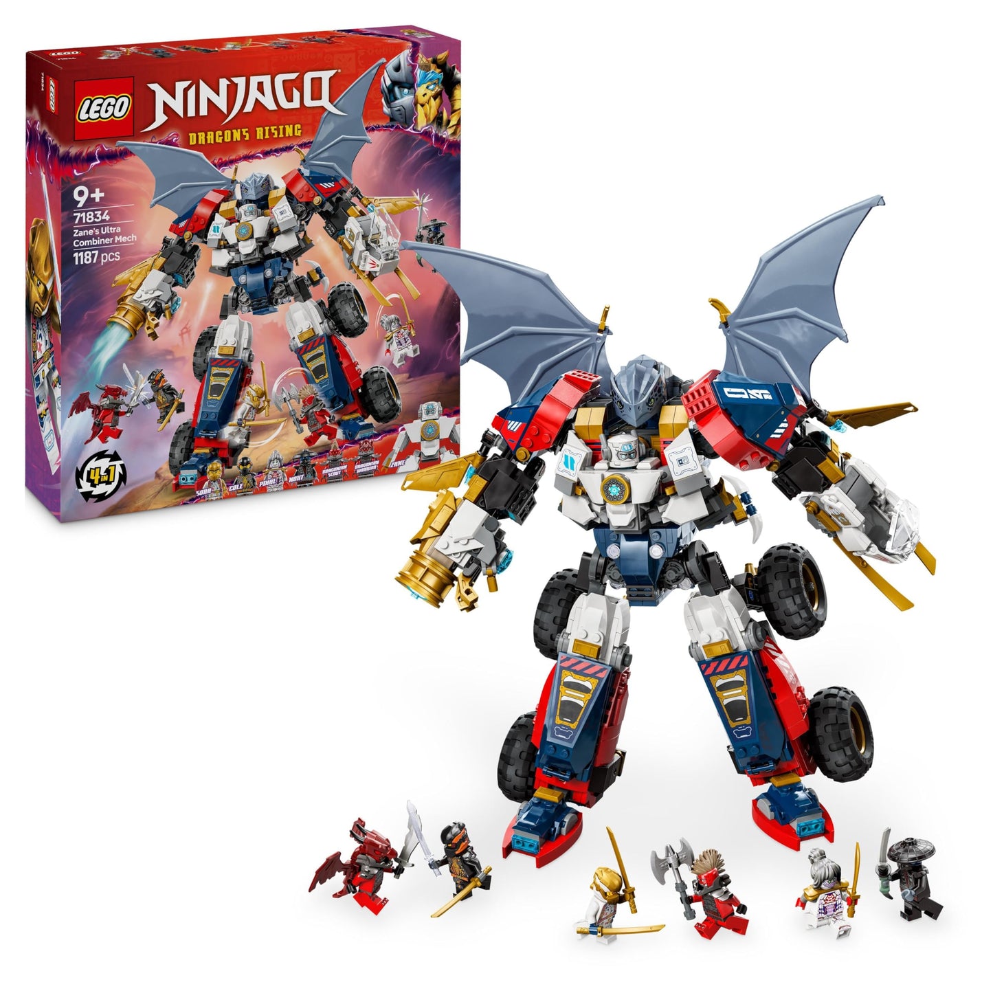 LEGO NINJAGO 4in1 Zane's Ultra Combo Mech - Toy with car model - Convertible into a jet or dragon figure - Includes 6 minifigures - Building toy for boys and girls aged 9+ 71834