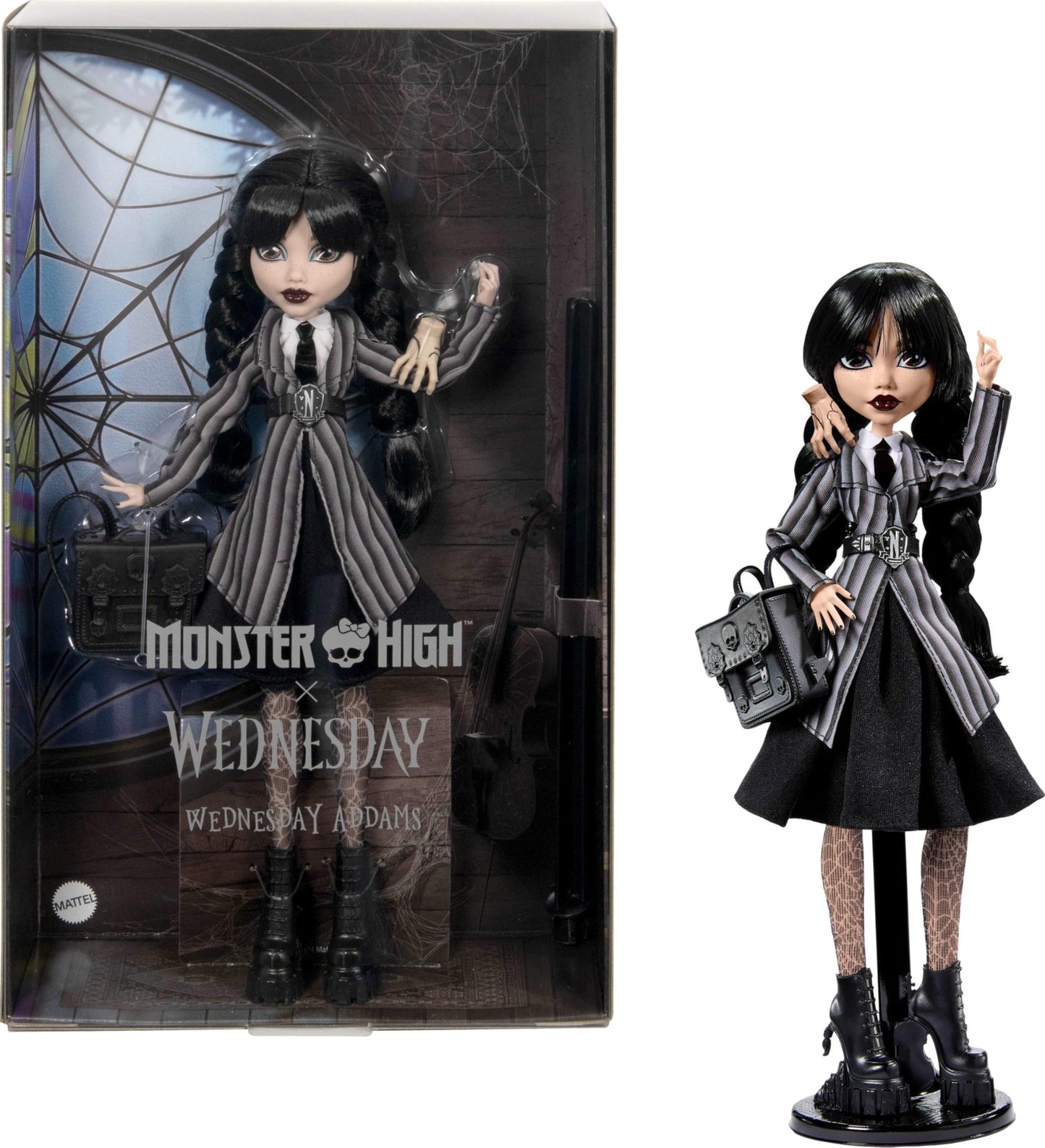 Monster High Wednesday doll and accessories, Wednesday Addams collectible figure in Nevermore Academy uniform with Ice Cold Hand and backpack, doll stand, HXJ04