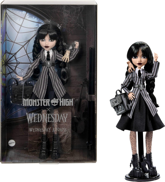 Monster High Wednesday doll and accessories, Wednesday Addams collectible figure in Nevermore Academy uniform with Ice Cold Hand and backpack, doll stand, HXJ04