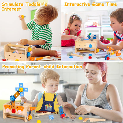 hifunti Tool Set Kids Workbench Montessori Toy from 2 Years Wooden Toolbox Gifts for 2 3 4 Year Old Boys Girls with Apron Learning Games Children's Toys from 3 4 Years (39 Pieces)