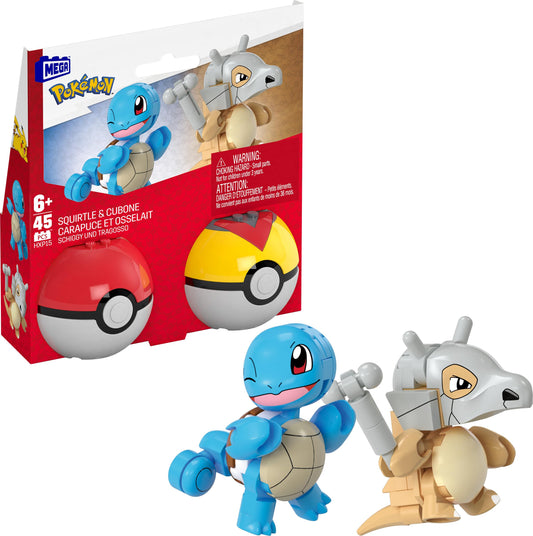 MEGA Pokémon action figure building toy set, 2-pack of Pokéballs, Squirtle and Rhyhorn with 45 pieces, for kids, HXP15