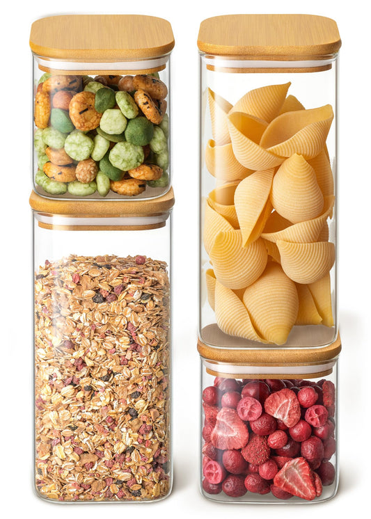 Praknu glass jars with lids - set of 4 square jars - airtight with bamboo lids - borosilicate glass storage containers in 2 sizes - kitchen storage jars