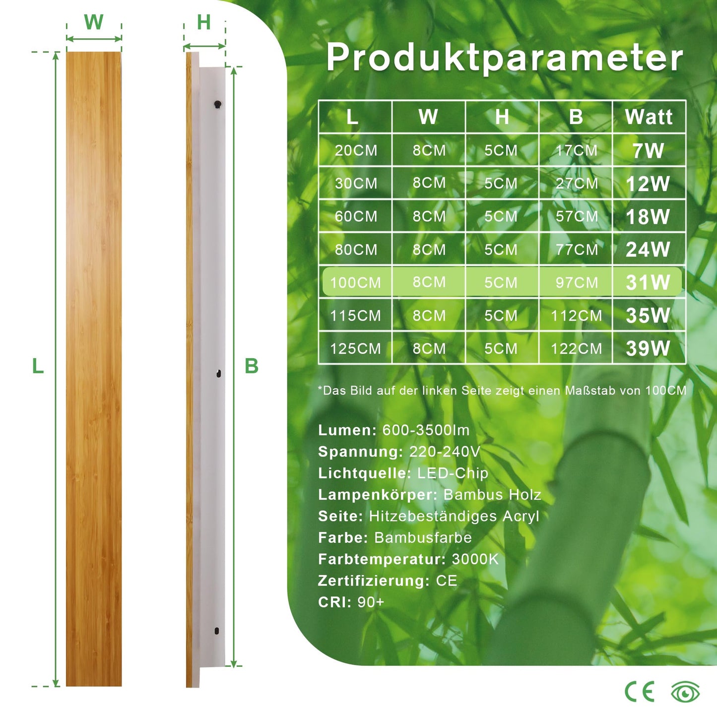 LED wall light indoor wood wall lamp bamboo wood long wall light 31W warm white 3000k lamp wood modern wall lighting for bedroom living room hallway staircase indoor lighting night light, 100cm
