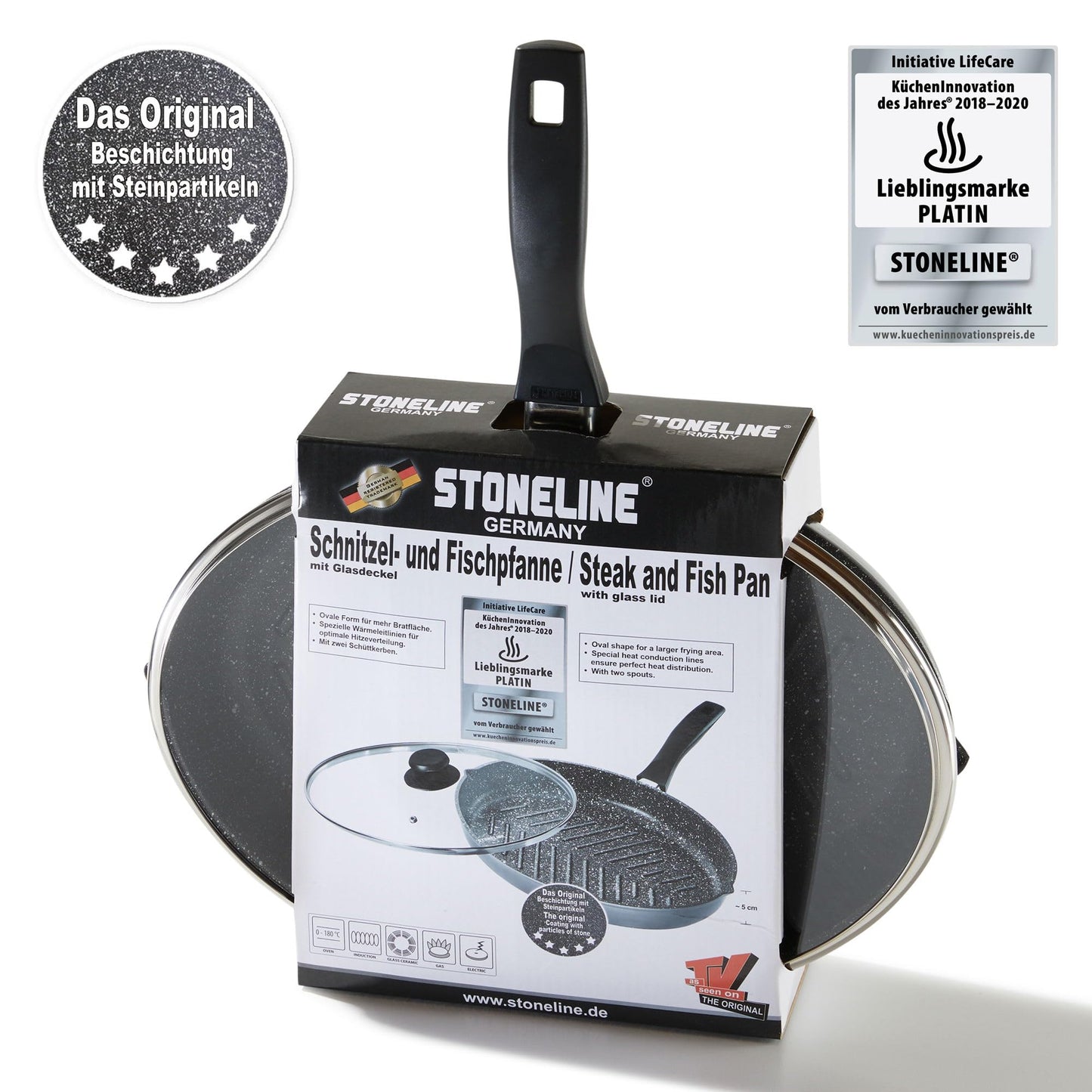STONELINE XXL pan oval fish pan schnitzel pan 35 x 24 cm, die-cast pan with lid suitable for induction, grill pan universal pan large pan coated with real stone particles.