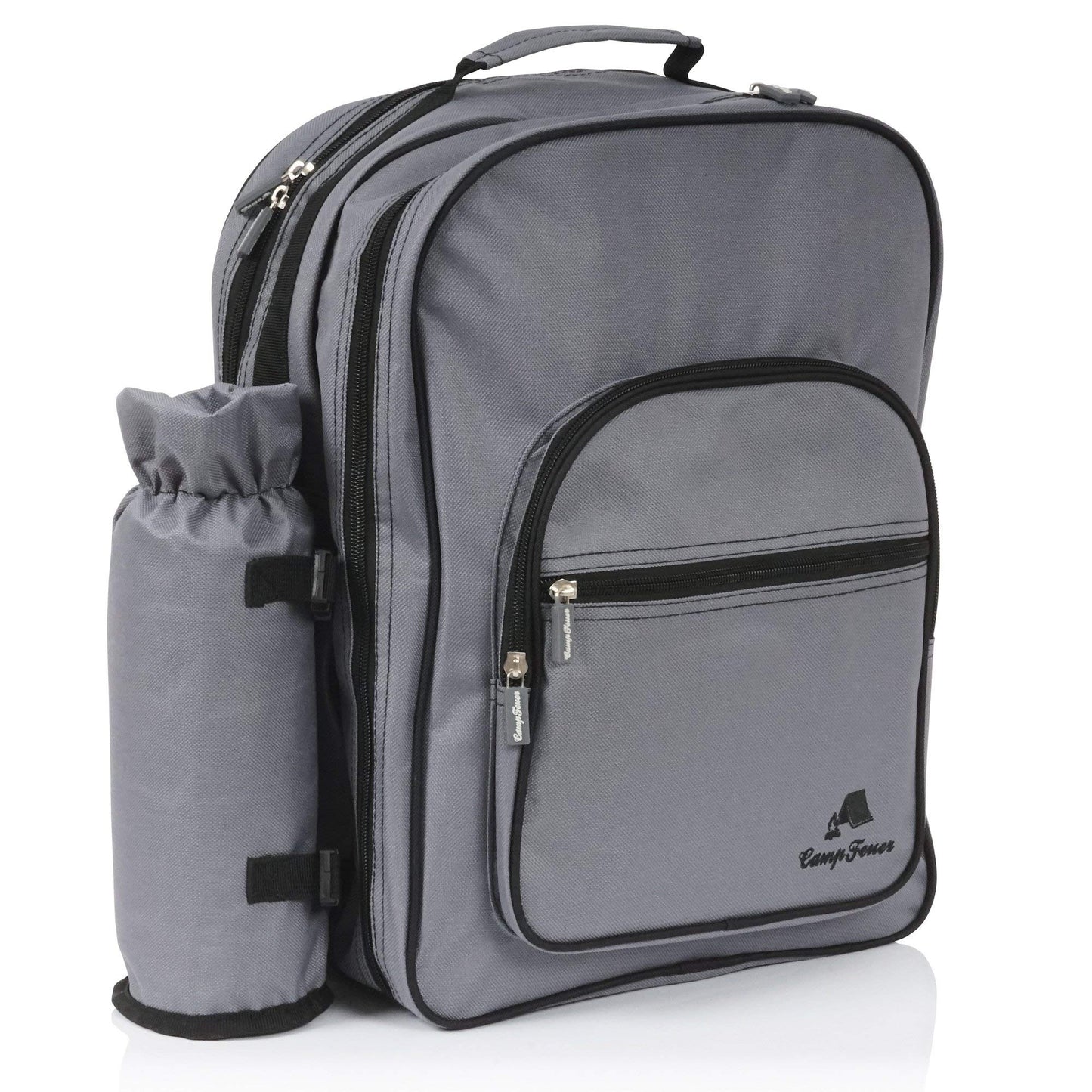 Campfire picnic backpack for 4 people | Gray | 31-piece picnic set | includes bottle holder, large cooler compartment, dishes, and cutlery