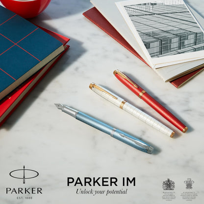Parker IM Red Premium Lacquer Fountain Pen with Gold Trim | Fine nib and blue ink | Comes in a gift box