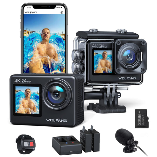 WOLFANG GA200 Action Cam 4K 24MP Underwater Camera with WiFi, 40M Waterproof, EIS Image Stabilizer, Touchscreen, Helmet Camera, 170° Wide Angle Camcorder (Charger, 2 Batteries, and Accessories Kit)