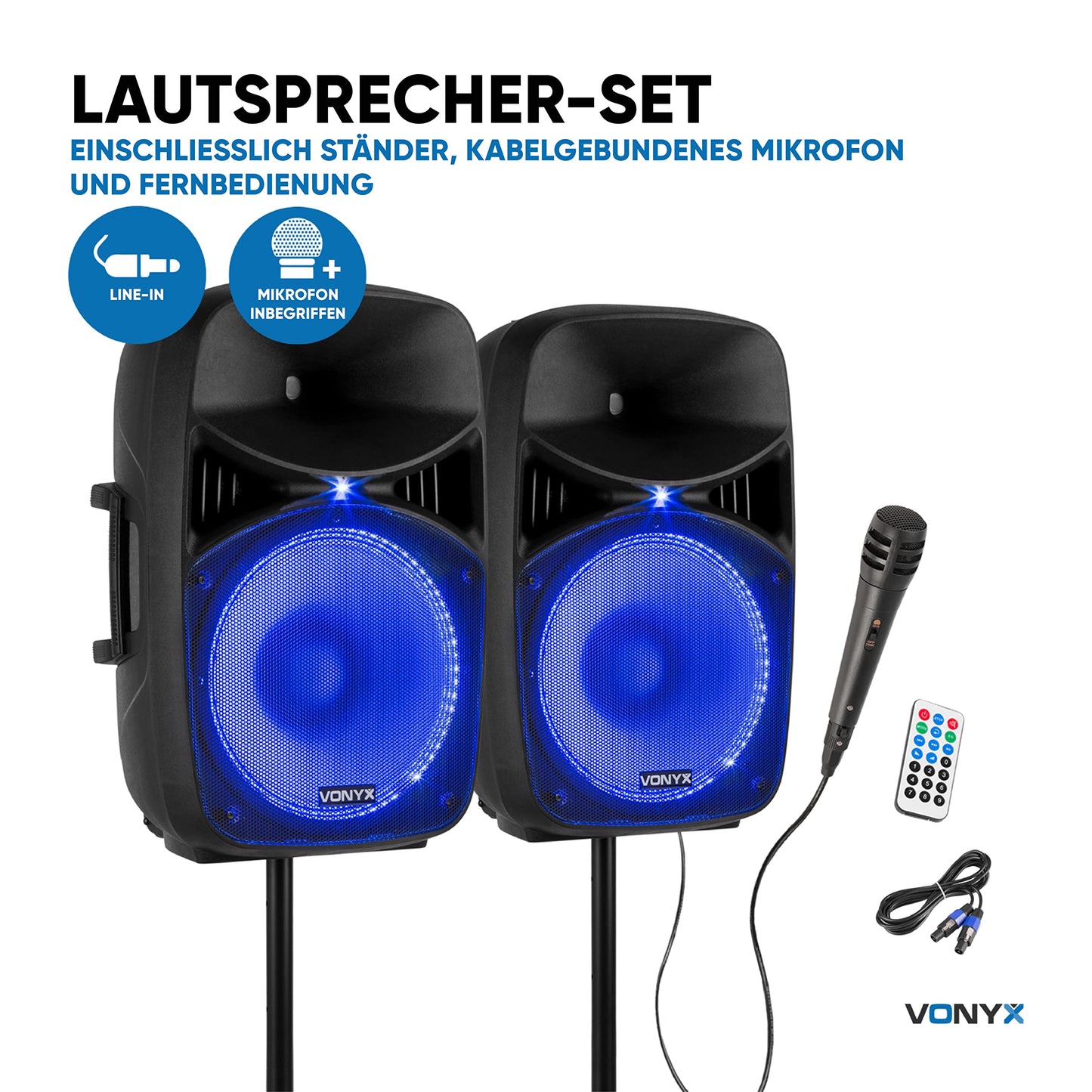 Vonyx VPS122A PA speaker set with stand and microphone, 1000 watts 12-inch LED active boxes, party box Bluetooth with tripods, USB, SD, MP3, PA system complete set, DJ speakers, tripod speaker set