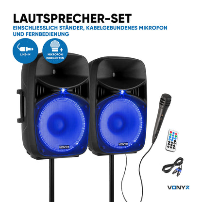 Vonyx VPS122A PA speaker set with stand and microphone, 1000 watts 12-inch LED active boxes, party box Bluetooth with tripods, USB, SD, MP3, PA system complete set, DJ speakers, tripod speaker set