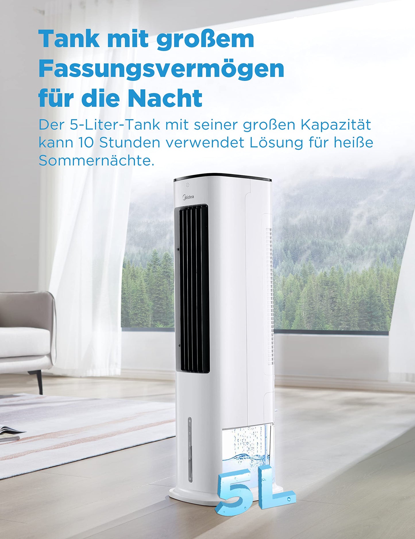 Midea 4-in-1 Portable Air Conditioner without Exhaust Hose | Tower Fan with Water Cooling & Humidifier | Mobile Air Cooler with 5L Water Tank, 355m³/h Airflow, Ionization, Remote Control (55W, White)