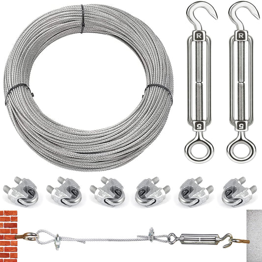 3mm stainless steel wire rope for climbing support, rust-free rope suitable for hanging lamps. Comes with M5 turnbuckles and wire rope thimbles. Length: 30m.