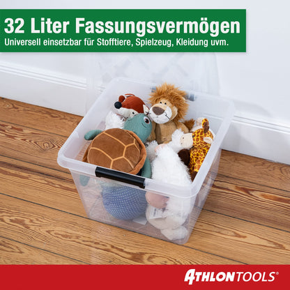 ATHLON TOOLS 4x 32 L Storage Boxes with Lid, food-safe - Closure Clips - 100% New Material Plastic Box transparent - Stackable Clothing Boxes…