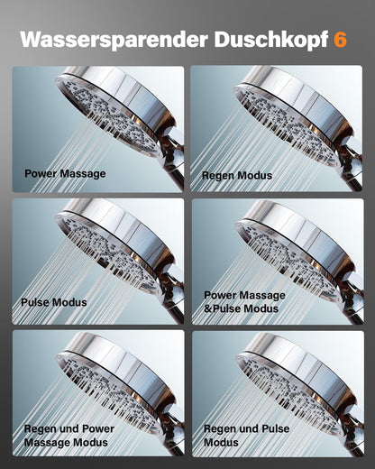Filtered shower head with hose, Cobbe high pressure shower head with 6 spray modes, water-saving shower head with hose, handheld shower head with filter against hard water, chlorine.