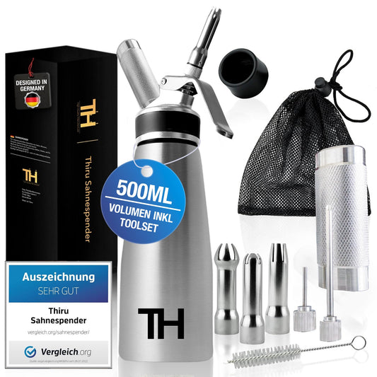 Thiru Cream Whipper incl. Stainless Steel Toolbox 500ml - Rating "excellent" - 100 days trial - Cream siphon with eBook & 5 stainless steel nozzles - Cream siphon for whipped cream, espuma & warm dishes.