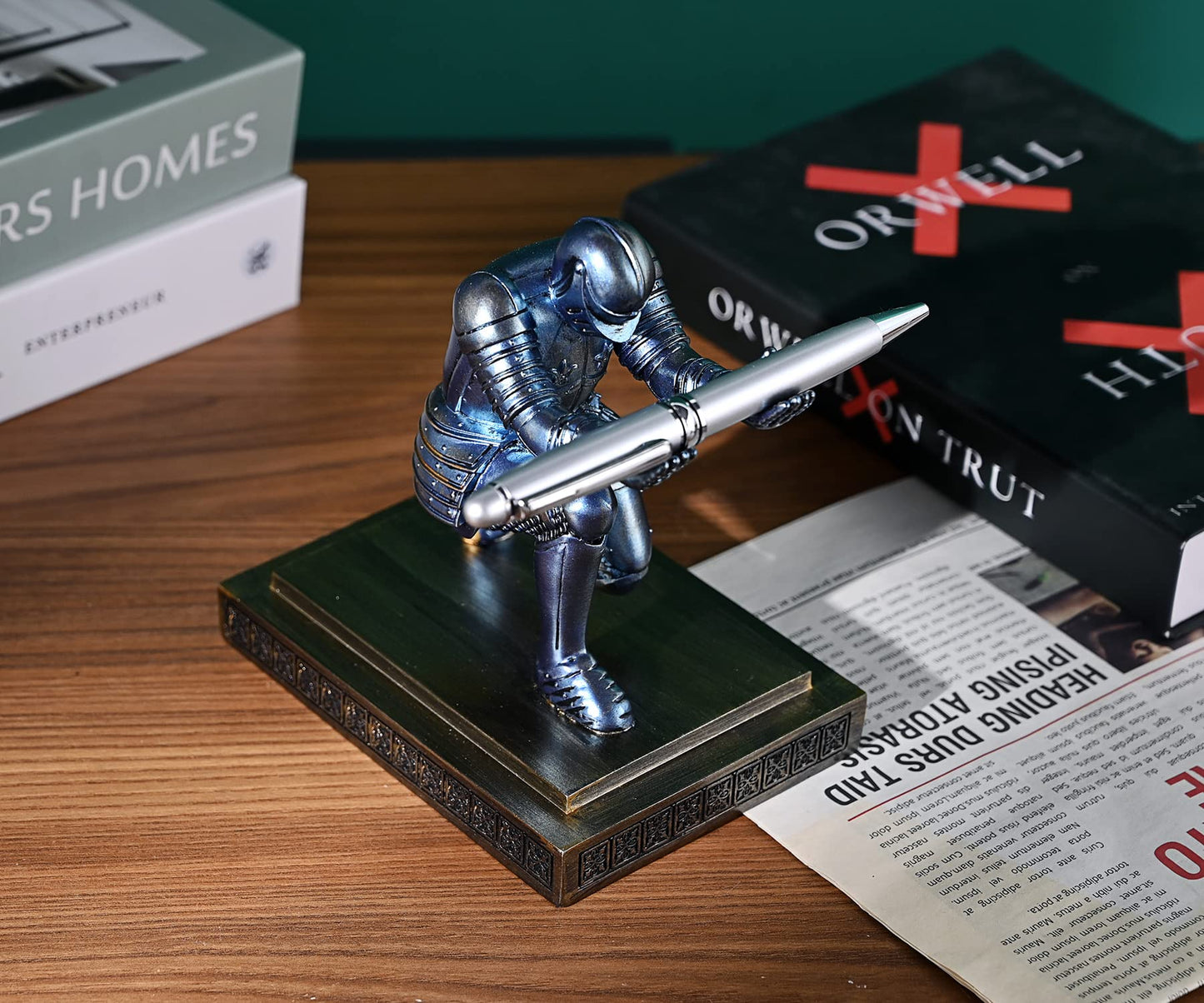 HDMbigmi Knight pencil holder pen stand desk organizer and accessories resin pen holder as a gift with a fancy pen for office and home desk organizer (blue)