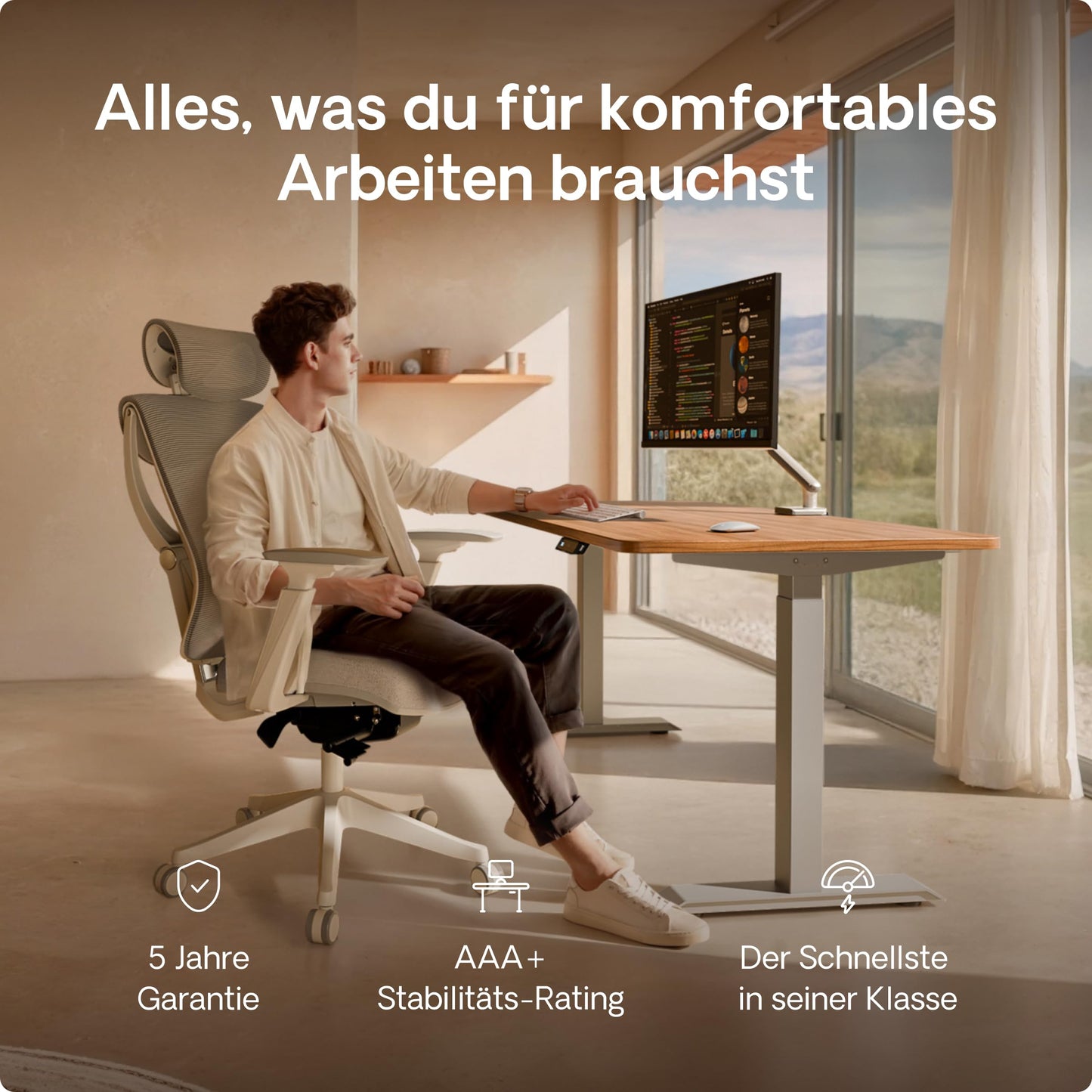 Desktronic Homeone height-adjustable desk 140 × 70 cm - Electric desk with two electric motors, touchscreen control, and integrated USB-A and USB-C charging ports.