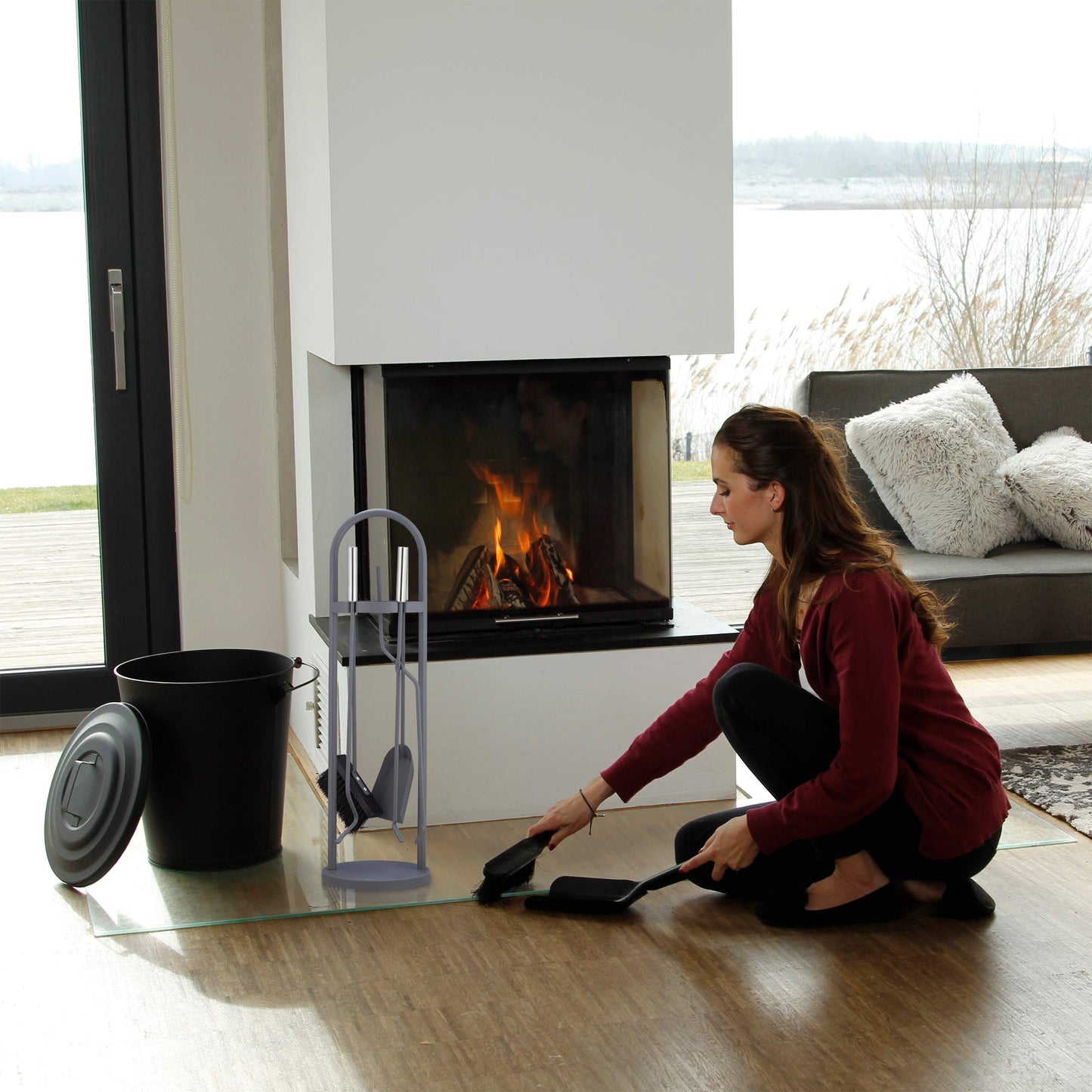 Relaxdays fireplace tool set, 5 pieces, shovel, broom, tongs, poker & holder, gray