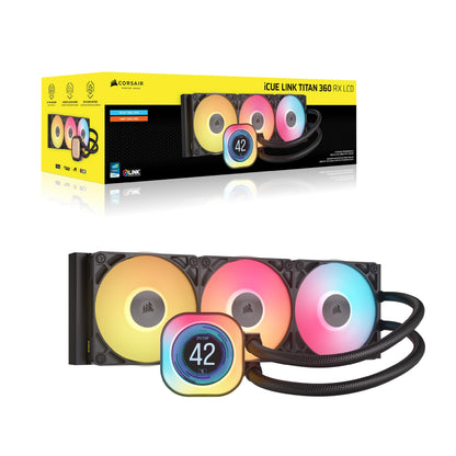 CORSAIR iCUE LINK Titan 360 RX LCD CPU Liquid Cooler - 360mm AIO - FlowDrive Cooling Engine - Intel LGA 1851/1700, AMD AM5/AM4 - 3X RX120 RGB Fans - iCUE LINK System Hub Included - Black