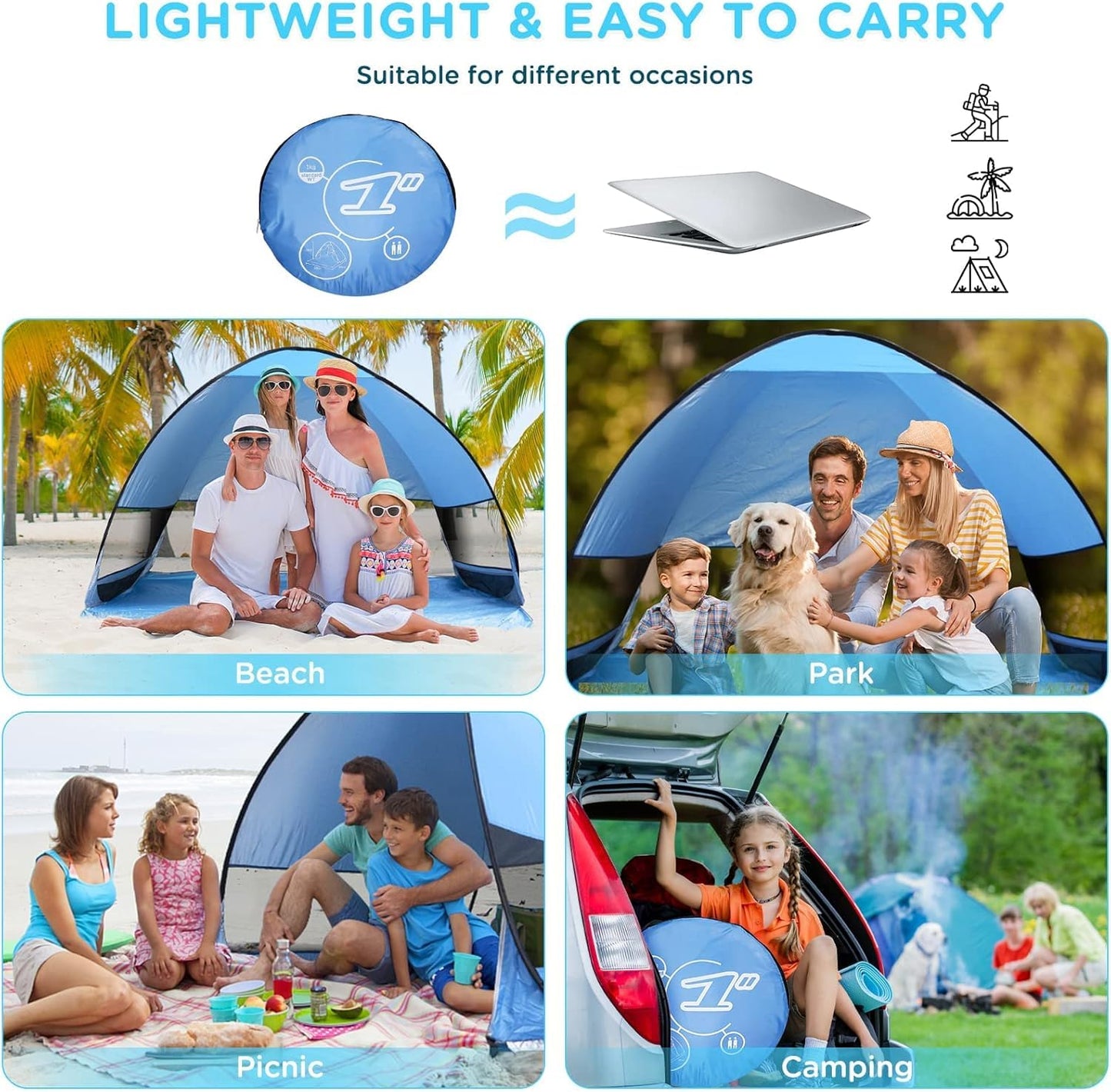 Beach tent Pop Up, Portable Extra Light Automatic Sun Shelter UPF 50+ for 3-4 people Family Sunshade Beach Camping, Hiking, Garden.