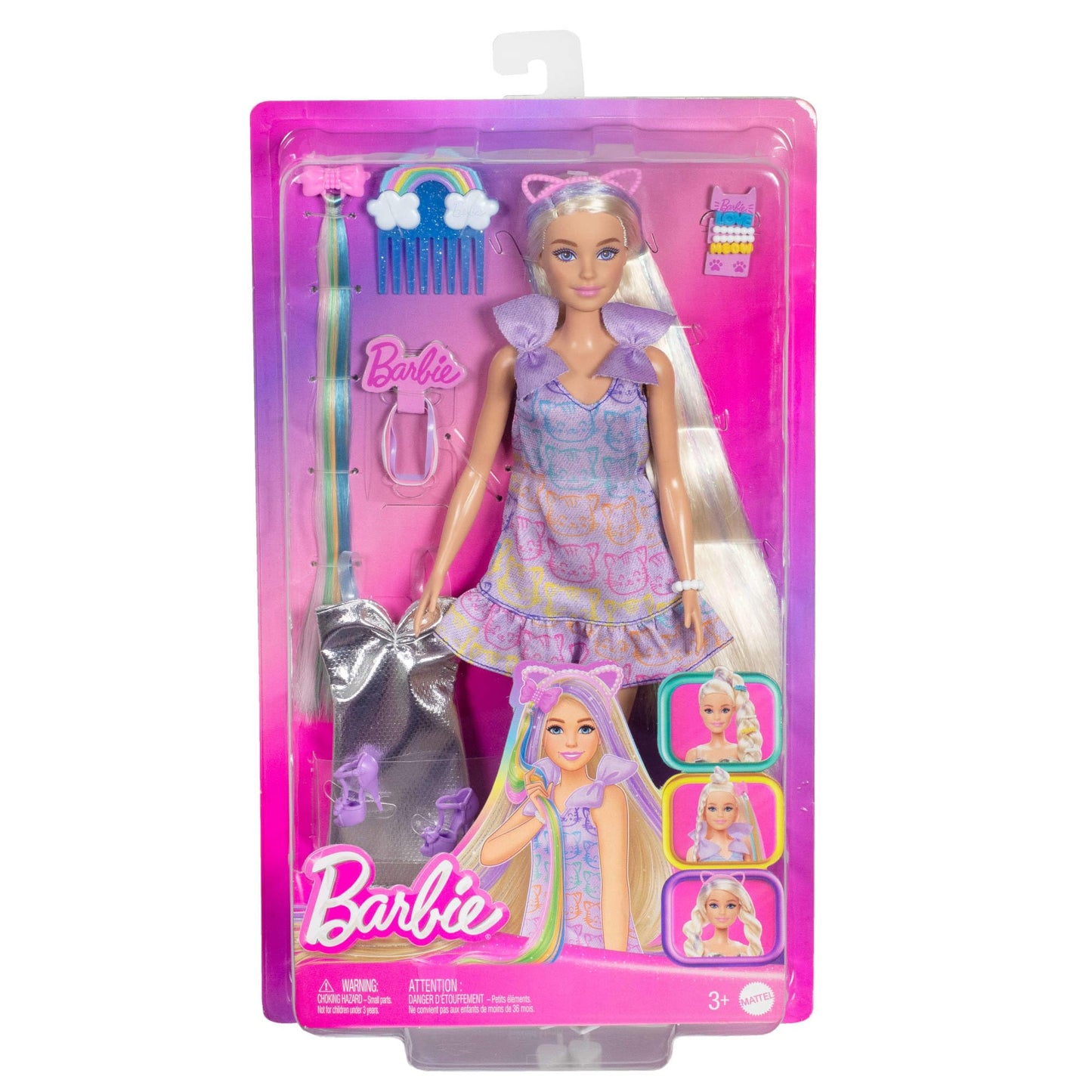 Barbie Fun & Fancy doll with accessories, fashion doll with extra long blonde hair and 2 looks, including silver metallic dress and hair extensions, JCT72, [Multicolor]