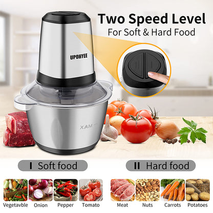 600W 2L stainless steel bowl food processor with 2 speed settings. Electric kitchen chopper with 4 blades for vegetables and garlic.