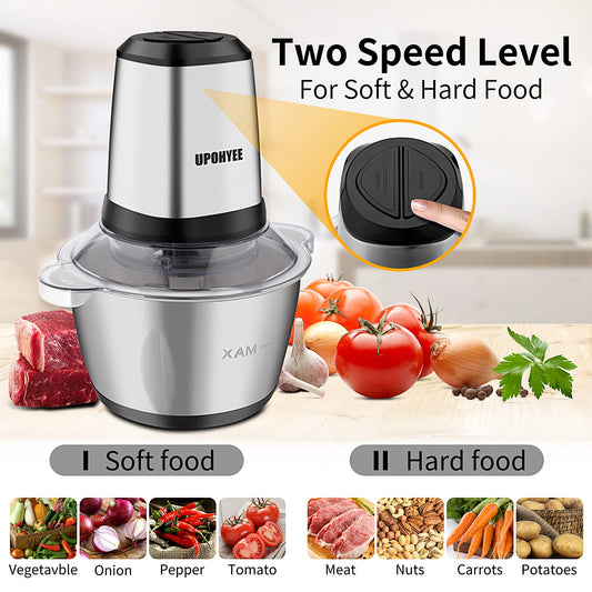 600W 2L stainless steel bowl food processor with 2 speed settings. Electric kitchen chopper with 4 blades for vegetables and garlic.