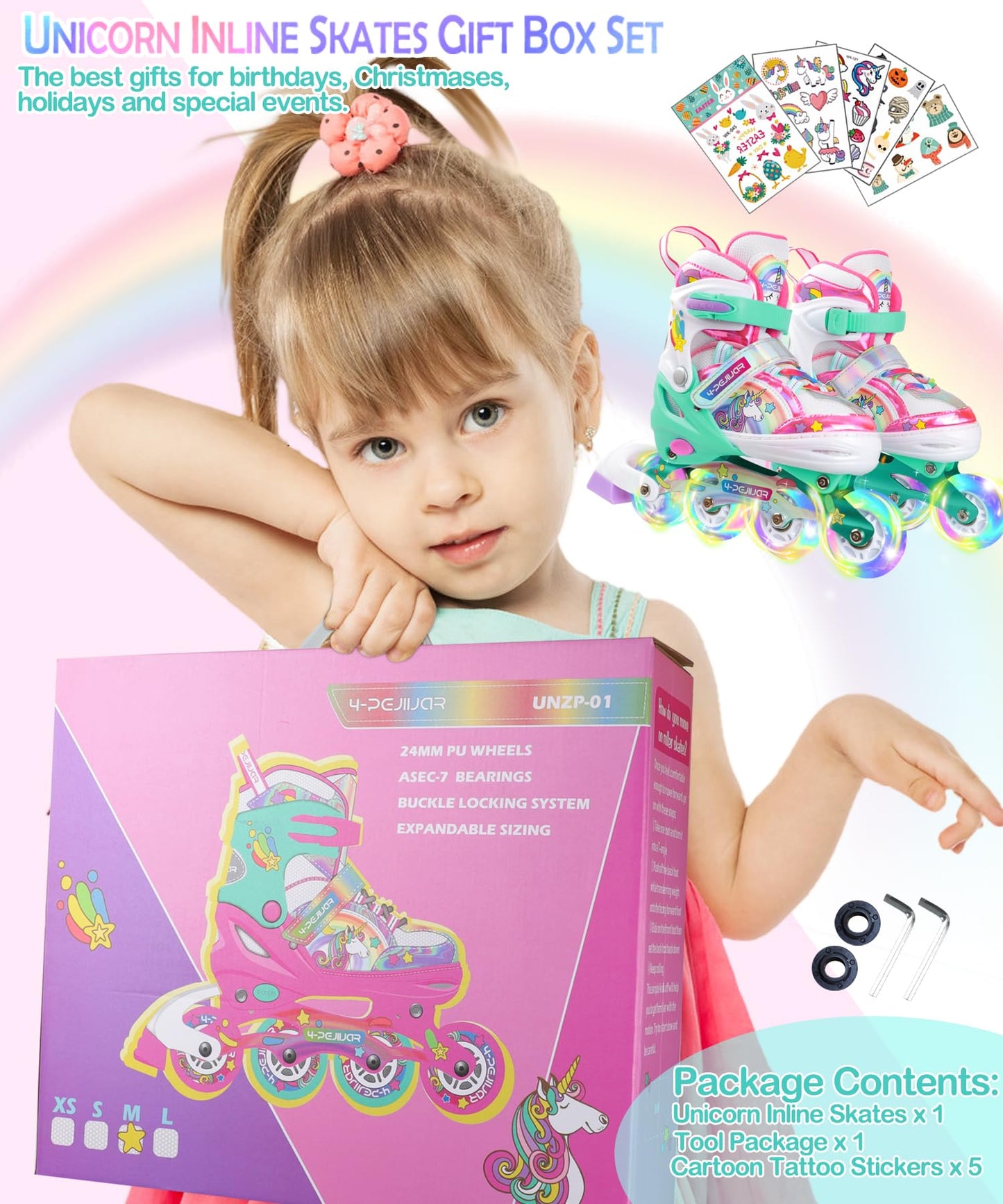 Unicorn inline skates for girls, adjustable sizes with all glowing wheels. Rainbow inline skates for beginner teenagers. Perfect for Christmas and birthday gifts.